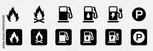 Set of fuel and energy icons. Includes fire, gas pump, electric charging, and parking symbols. Icons for fuel, energy, and parking. Simple black icons. User interface icon vector set.