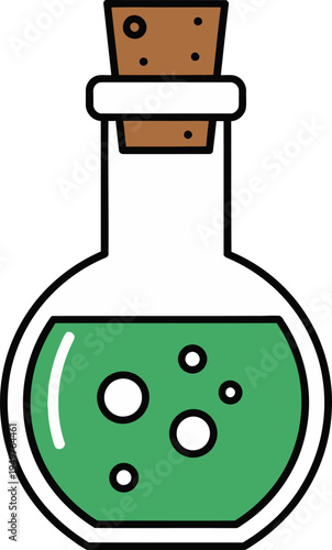 A round glass flask containing a bubbling green liquid, sealed with a cork stopper.