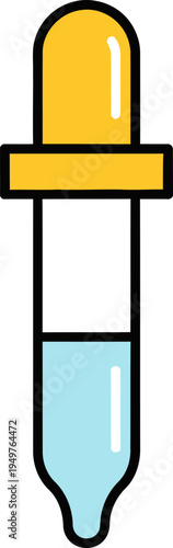 Illustration of a laboratory dropper with a yellow rubber bulb and a glass tube filled with light blue liquid, used for precise measurement.