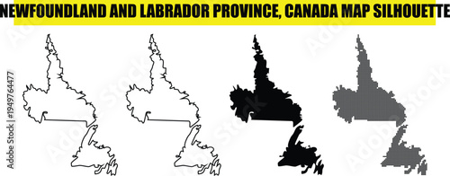 Newfoundland and labrador province canada map silhouette in four styles including outline solid black and halftone patterns