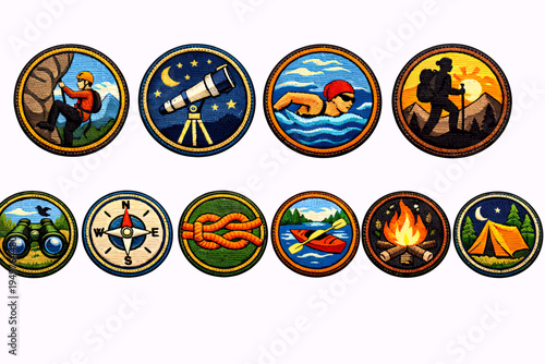 A collection of ten colorful circular badges depicting various outdoor adventure and leisure activities like climbing, hiking, swimming, camping, and stargazing.