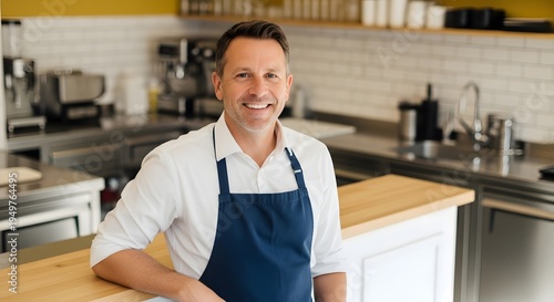Successful cafe owner portrait showing a confident entrepreneur in a modern kitchen wearing blue apron at work space