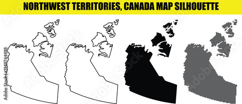 northwest territories canada map silhouette in four styles flat, outline, solid, and halftone dotted for your design