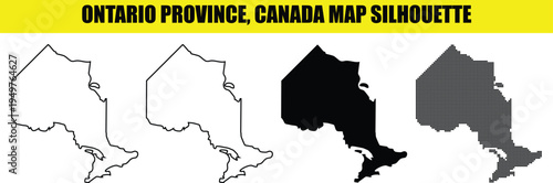 Ontario province canada map silhouette featuring different artistic versions such as thin stroke filled and pixelated dots