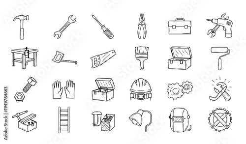 Workshop Doodle Sketch Line Icons with Tools DIY Repair and Construction Symbols Vector