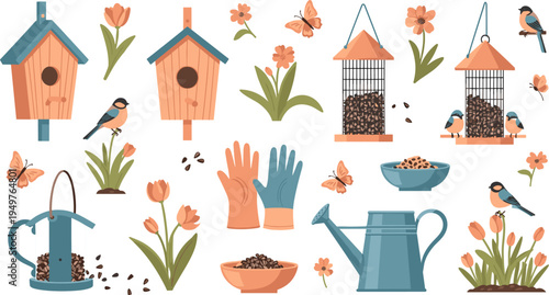 Bird Care and Gardening Set with Birdhouses, Bird Feeders, Watering Can, Gloves, Flowers, and Butterfly Garden Elements