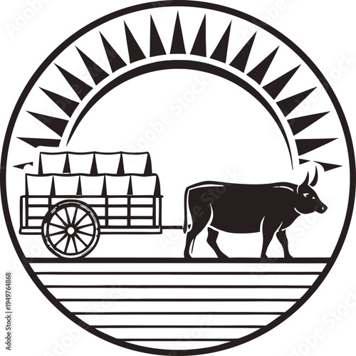 Black and white circular emblem featuring a bull pulling a cart under a radiant sun