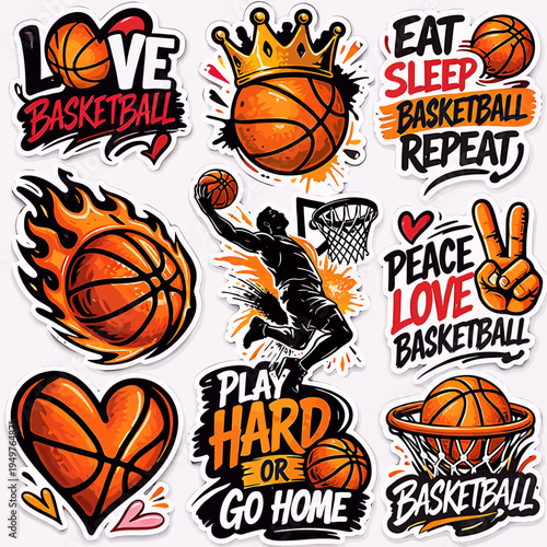 A vibrant collection of basketball-themed graphic stickers featuring various designs, slogans, and illustrations related to the sport, including players, hoops, and motivational phrases.