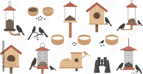 Bird Feeder and Birdhouse Set with Various Seed Bowls, Nesting Boxes, and Birds for Outdoor Wildlife Care and Birdwatching