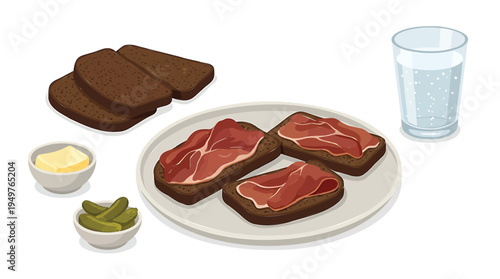 A plate of toasted bread with cured meat and butter on the side