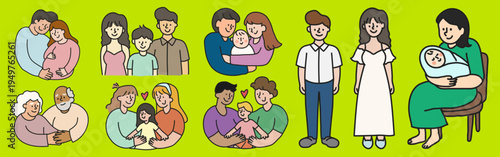 Illustrations of diverse families: parents with children, grandparents, and couples. Family diversity, family love, and family togetherness depicted. Cute element vector set.