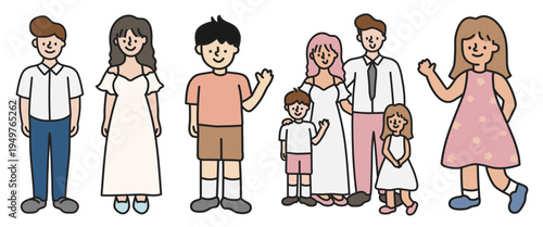 Cartoon family illustration with diverse characters. Smiling cartoon figures, men, women, and children. Diverse cartoon family, happy cartoon people, family fun. Character element vector set.