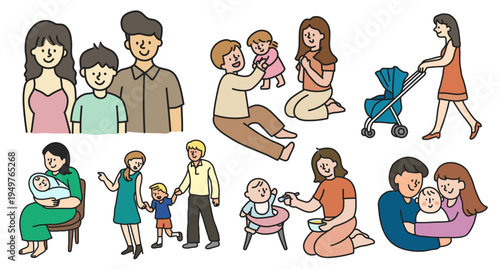 Illustrations of diverse families with children. Parents and kids playing, walking, and interacting. Family time, parenting, and children in various activities. Character element vector set.