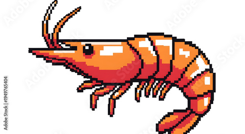 An 8-bit style pixel art representation of an orange shrimp with black eyes and white highlights