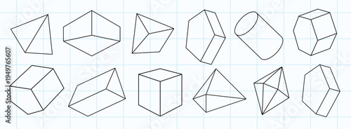Geometric shapes illustration with cubes, cylinders, and pyramids. Shapes are outlined, showing various geometric forms. Grid background highlights geometric shapes. Creative elements, vector set.