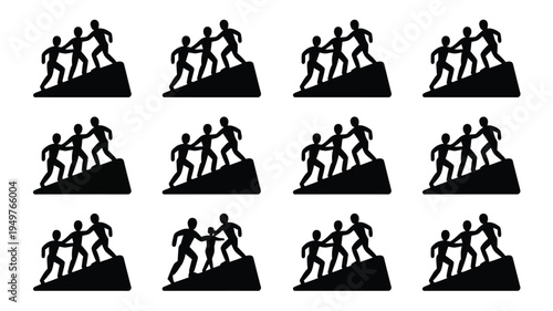 Supportive friends helping each other climb a hill in black silhouette teamwork and cooperation concept