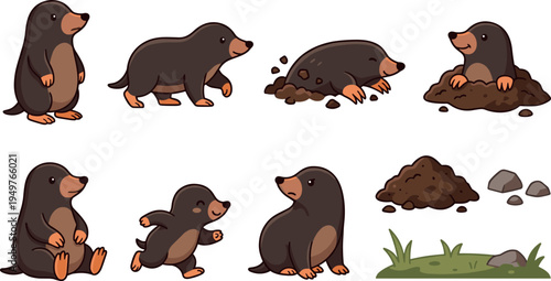 Cute Cartoon Mole Character Set with Soil Dirt Grass Rocks Vector Illustration