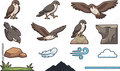 Cute Cartoon Falcon Character Set with Wings Feathers Rock Vector Illustration