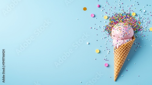 A cheerful ice cream cone dripping with sprinkles against a gradient blue background, summer fun theme, copy space available,