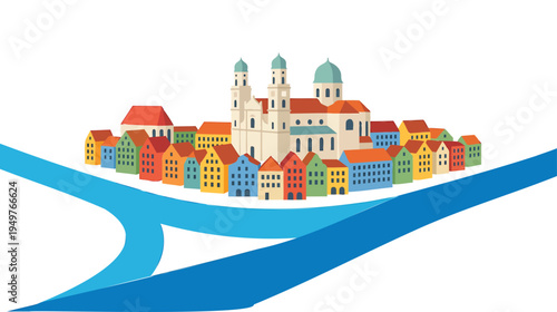 A picturesque illustration of a European town with a river flowing through it