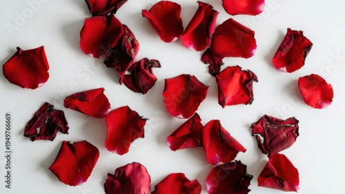 Scattered red rose petals on white surface.