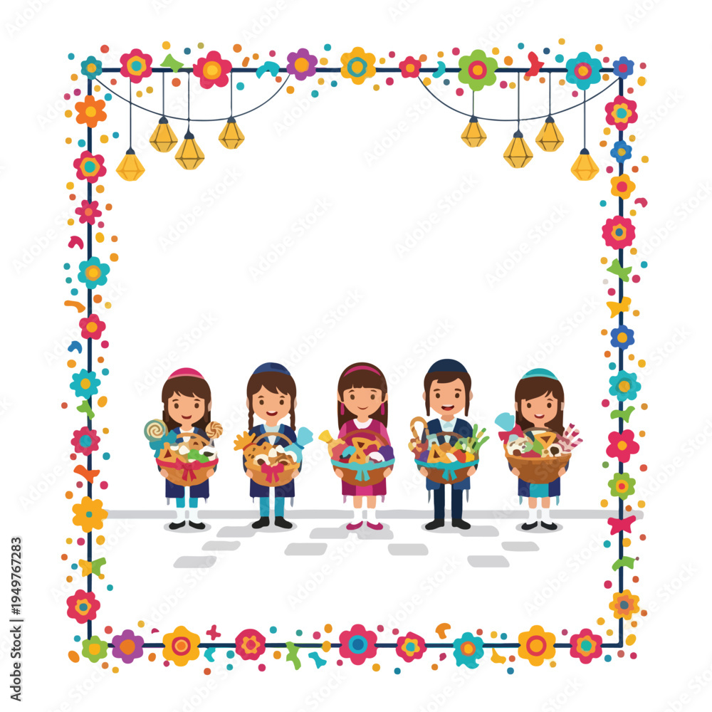 Fototapeta premium Diverse group of people holding flowers. Colorful frame with flowers and lights. Vector illustration for greeting card or celebration. People with bouquets. Festive background. Flower