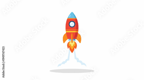 Cute flat design cartoon rocket launching with flames and smoke isolated on white background