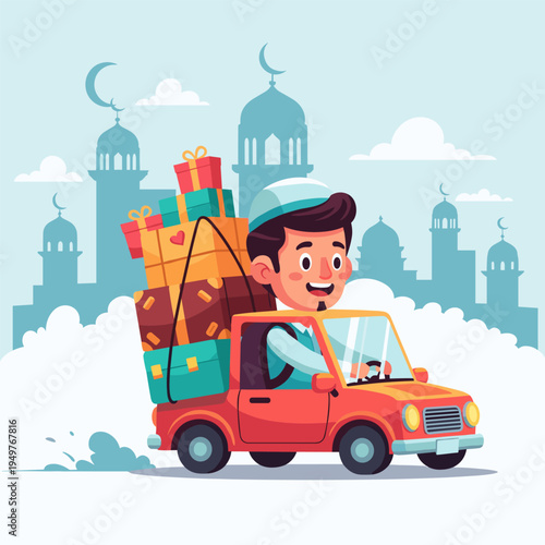Muslim Man Driving Red Car With Gifts For Eid Al Fitr Mudik Homecoming Islamic Illustration