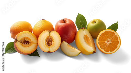 Fresh Mixed Fruits Collection with Citrus Slices and Apples Isolated on Transparent Background – Orange, Lemon, Grapefruit and Red Apple with Green Leaves, Healthy Vitamin-Rich Fruit Assortment PNG.