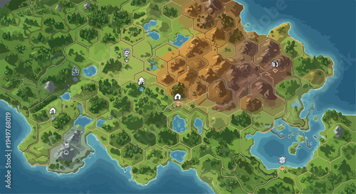 Fantasy World Map with Hexagonal Tiles and Diverse Landscapes
