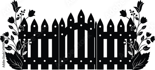 Decorative wooden garden fence with flowers silhouette, rustic backyard barrier, floral ornament border, cottage garden landscape vector illustration design