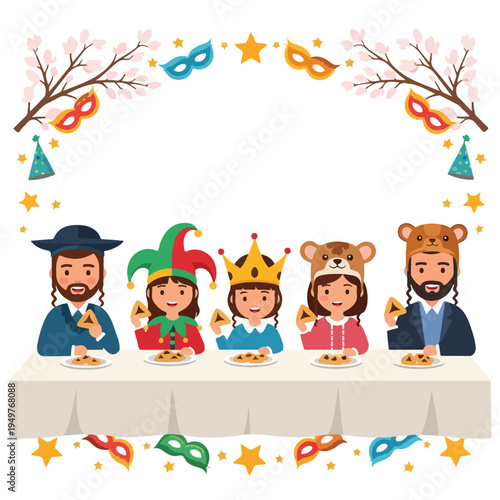 Purdim celebration scene. Jewish holiday table setting. Family in costume. Traditional festive dinner. Vector illustration on white background. Kids and adults wearing masks. Party