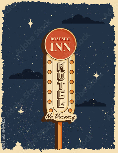 Retro roadside vertical poster classic American night motel signboard with bold vintage typography and arrow. Vector illustration in midcentury 1950s style for print, wall art