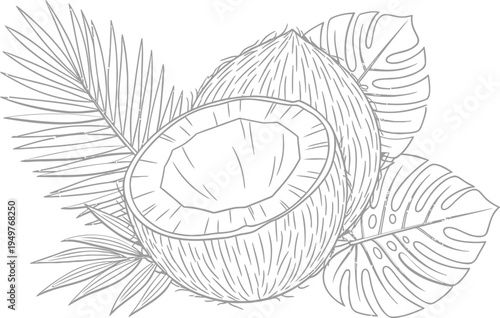 Vector illustration of coconut with tropical leaves