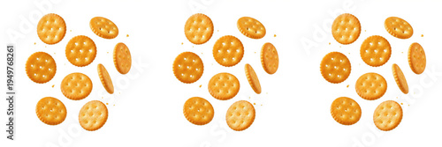 Tableau sur toile Set of crispy round crackers falling and flying with crumbs isolated on transpar