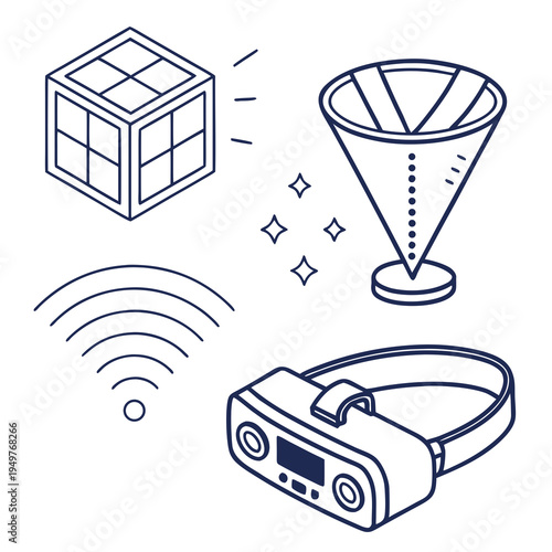 Blue of virtual reality and technology headset funnel cube wi-fi