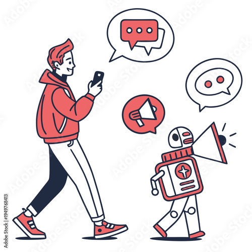 Man and robot chatting conversation communication