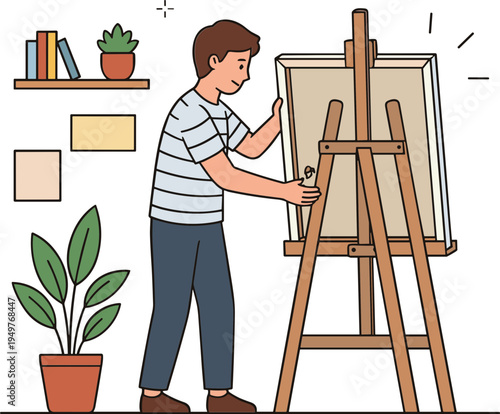 A man paints on canvas at an easel in a room with books and plants.