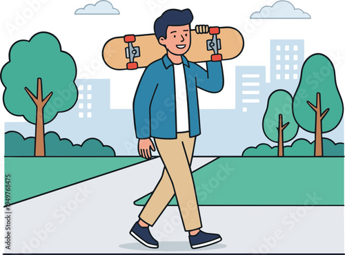 Man walks on path with skateboard in city park environment