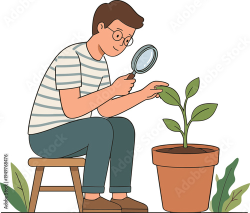 Man examines plant closely with magnifying glass while sitting on stool