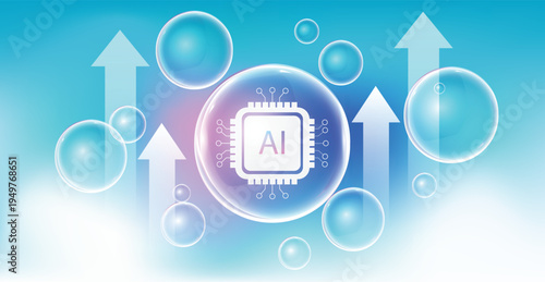 Artificial intelligence growth concept with ai processor chip inside bubble and rising arrows showing technology market trend