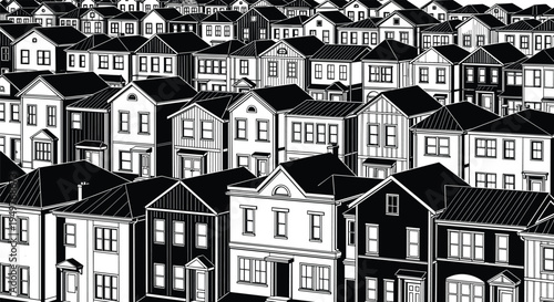 Dense residential neighborhood houses pattern illustration, urban city housing architecture background, suburban homes skyline vector landscape design