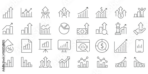 Stock market icons. Line growth and decrease icon set. Growth up and down, Profit and loss icon. Business, stock exchange, investment, analysis, percentage growth and decrease, candlestick line icon