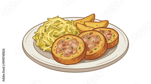 A plate of savory mini quiches with pasta and potato wedges on a table indoors closeup