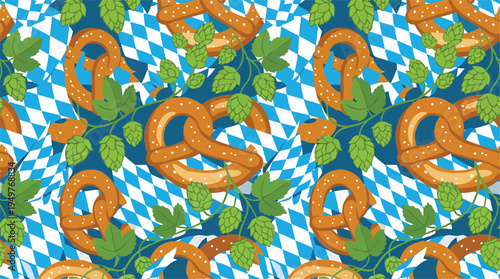 A festive scene of pretzels and hops on a blue and white checkered tablecloth at an outdoor beer garden event.
