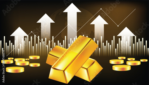 Gold investment growth concept with gold bars coins and rising financial market graph showing global wealth and price increase