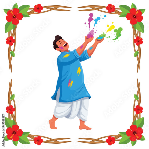 Holi festival illustration. Man throwing colored powder. Traditional Indian celebration. Vector graphic. Colorful floral border. White background. Festive design element. Cultural icon.