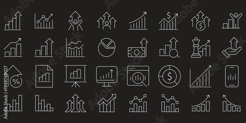 Growing bar graph icon set. Business graphs and charts icons. Statistics and analytics vector icon. Statistic and data, charts diagrams, money, down or up arrow Growth icon set. Containing arrow up