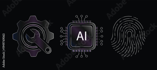 Liquid glass technology icons with ai chip gear tool and fingerprint security