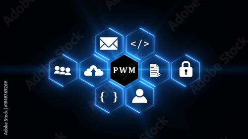Neon Icons Representing Business Concepts Arranged Around PWM Text pulse width modulation technology.4k video